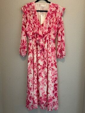 Zara Pink and White Floral Ruffle Midi Dress size M